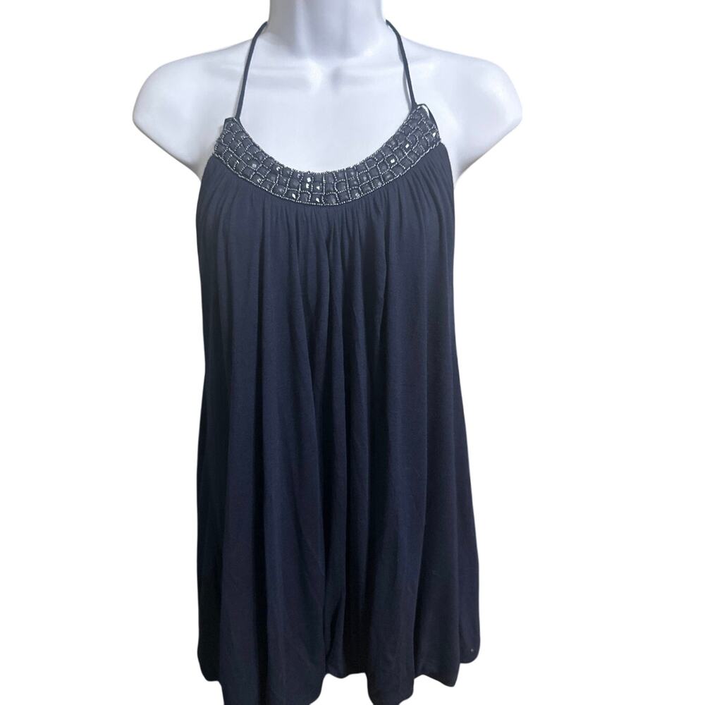 Twenty One brand navy blue halter tank top featuring a silver beaded neckline.